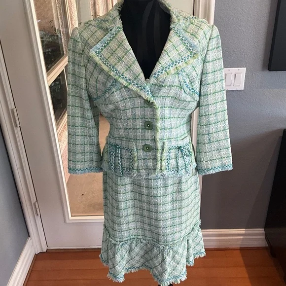 Kay Unger Y2K Preppy Tweed Plaid Skirt Suit Country Club Romantic Green White 10 - Picture 6 of 16